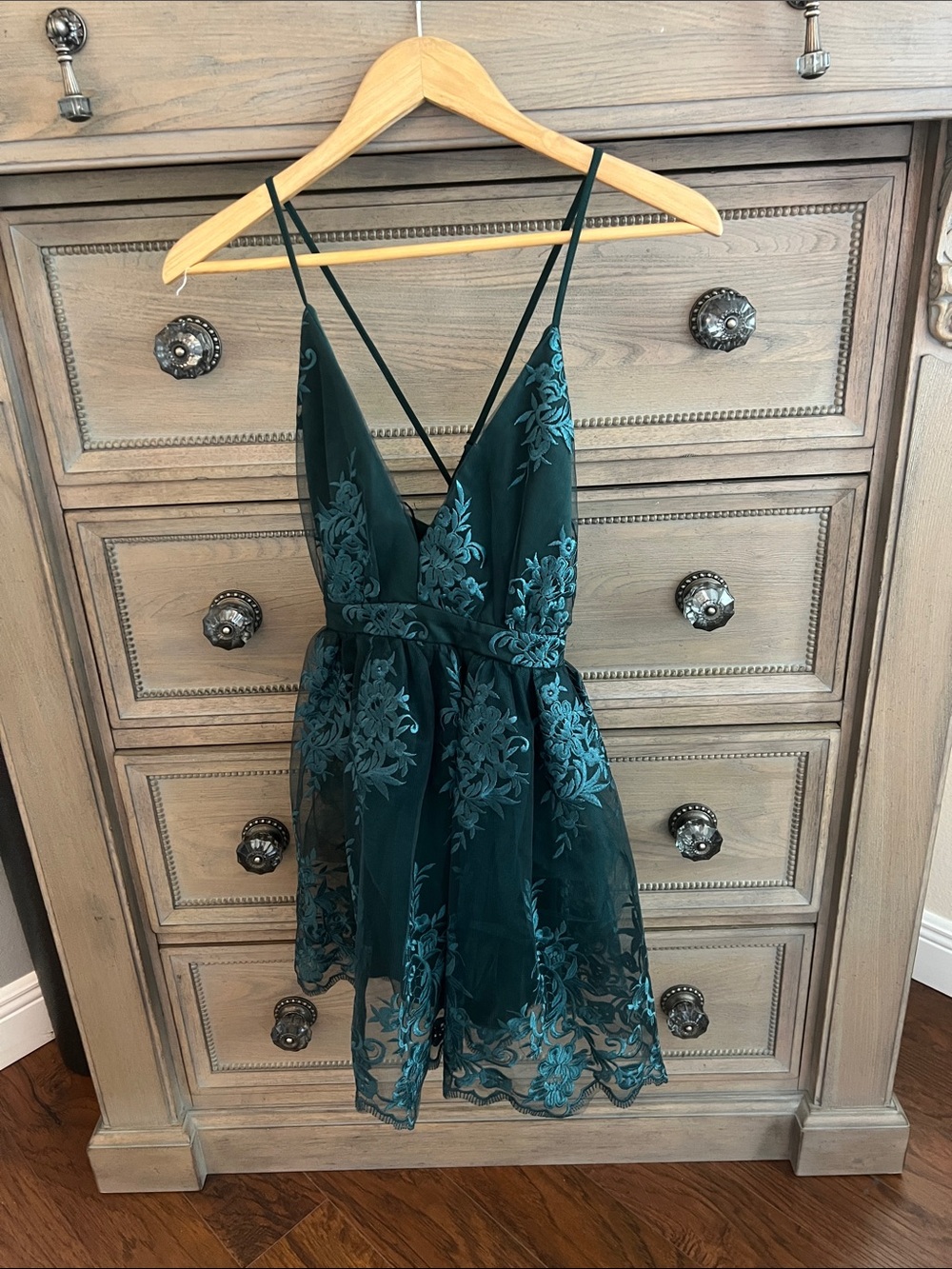 Blue Rain Teal Embroidered V-Neck Spaghetti Strap Mini Dress